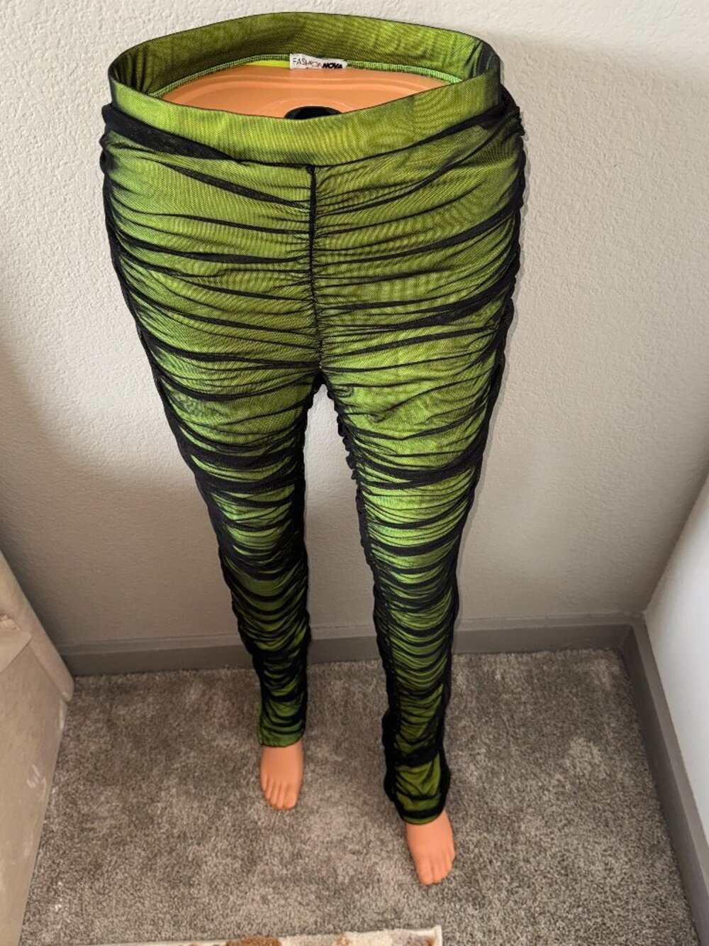 Neon Green & Black Ruched High Waist Mesh Leggings | Sheer Stacked Club Pants